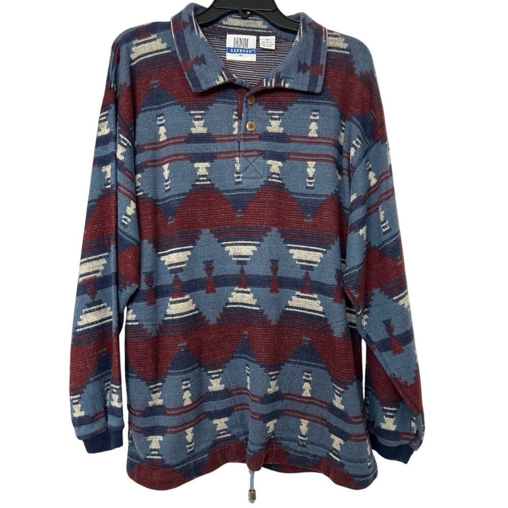 Vintage 90s Denim Express Southwestern Knit Polo Pullover Aztec Pattern Med